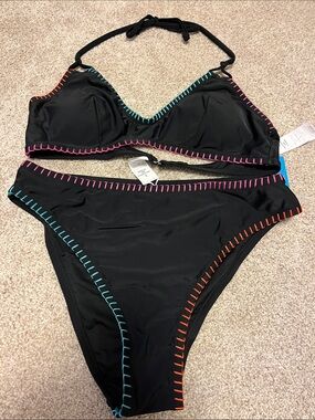 Cupshe Black Bikini with Pink, Teal and Orange Whipstitch